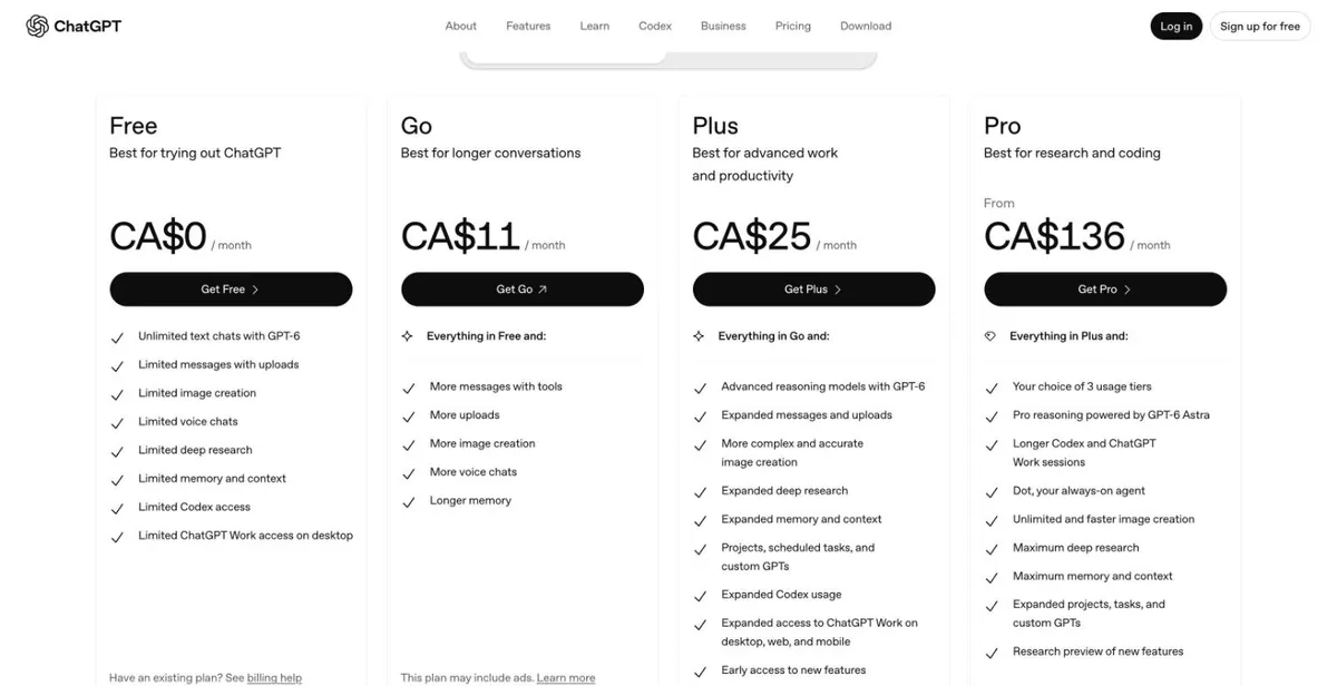 ChatGPT 官网方案页:Free、Go、Plus、Pro