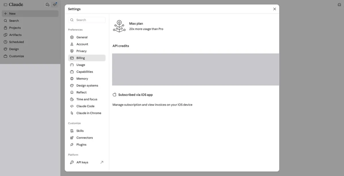 Claude Settings → Billing 显示 Subscribed via iOS app