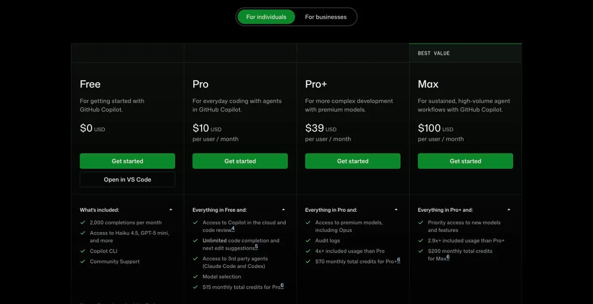 GitHub Copilot plans page