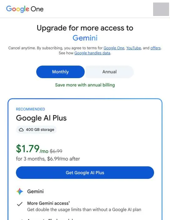 Google One 方案页：Google AI Plus