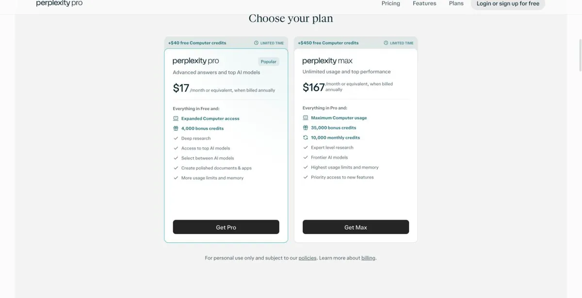 Perplexity Pro plans page
